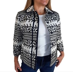 TORY BURCH Ivory Black Embroidered Button front, back Zipper Jacket size 4